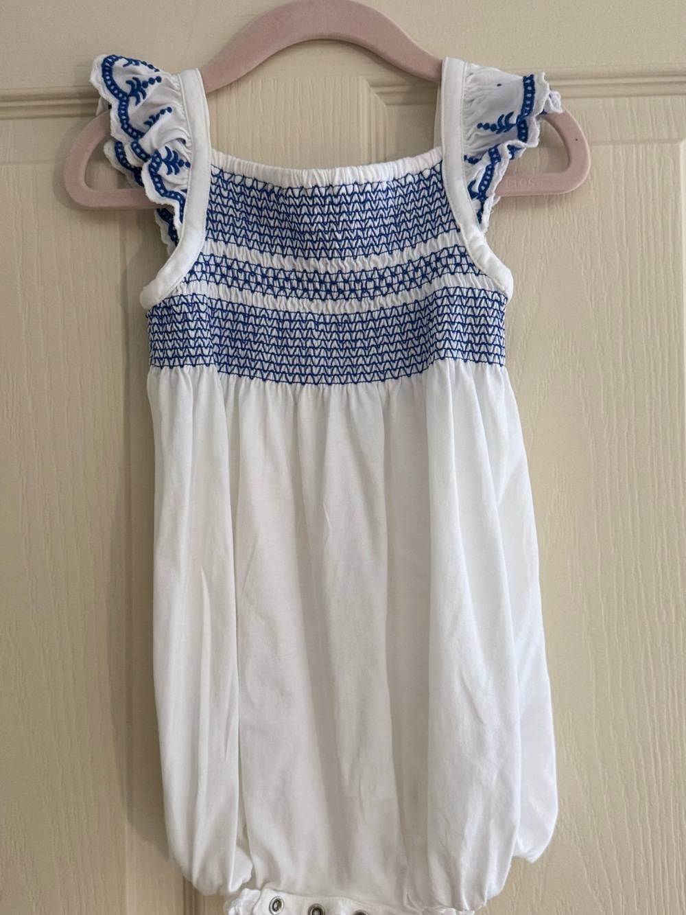 Ralph Lauren White Tank Romper with Blue Smocked Bodice